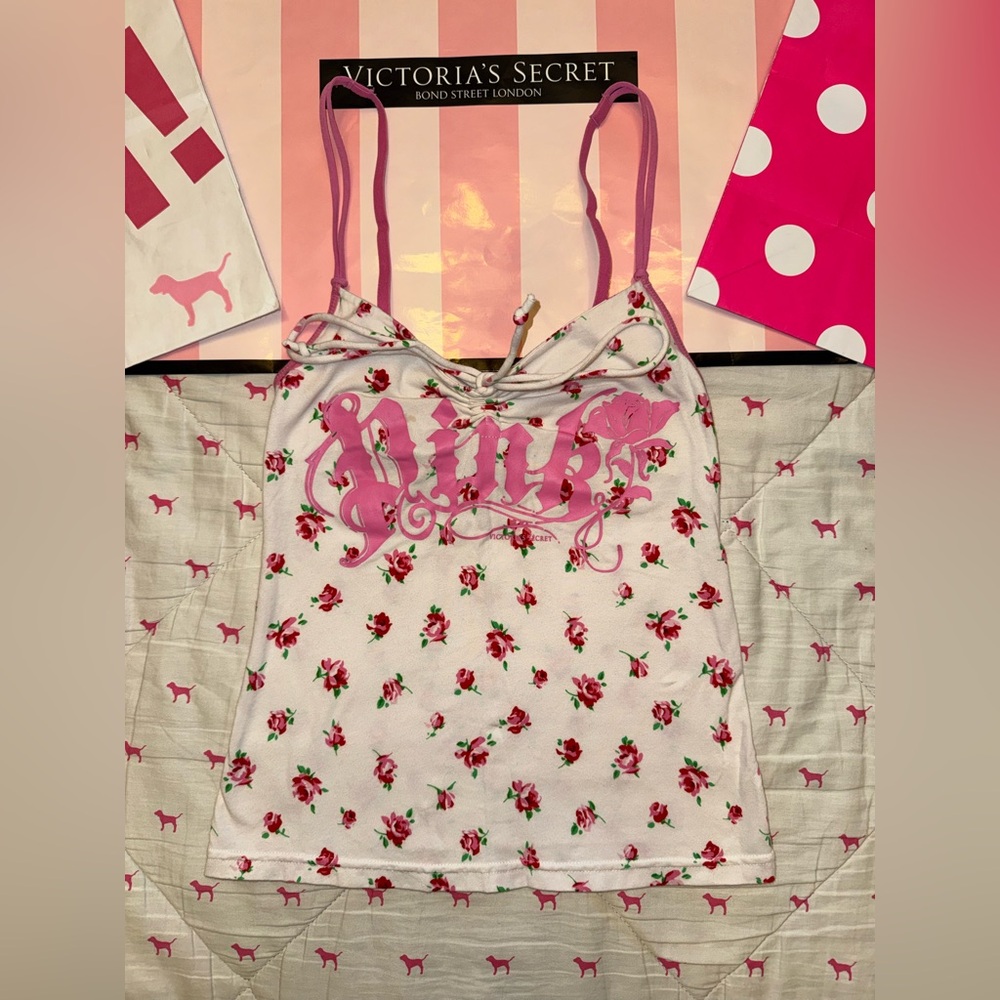 VS PINK VINTAGE Y2K 2006 CAMI TANK TOP FLORAL ROSES ROCK & ROLL LOGO RARE HTF XS